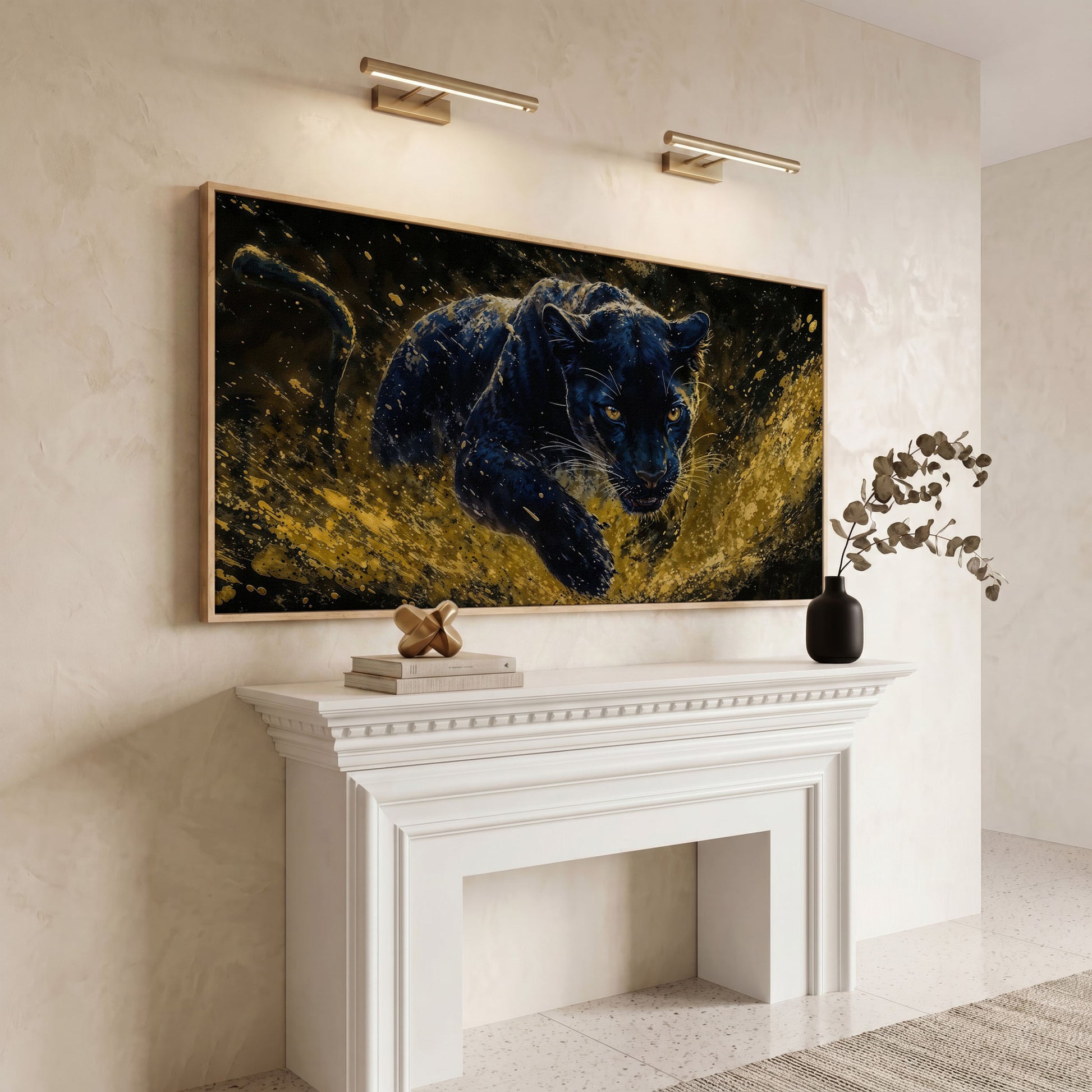 Black Panther in Golden Motion Canvas Print in white oak floating frame