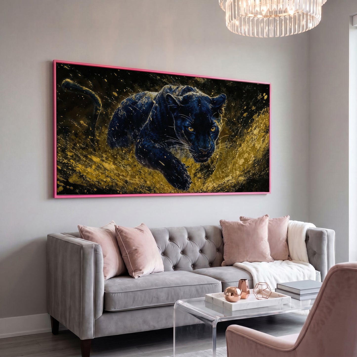 Black Panther in Golden Motion Canvas Print in pink floating frame