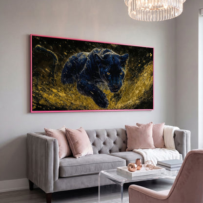 Black Panther in Golden Motion Canvas Print in pink floating frame