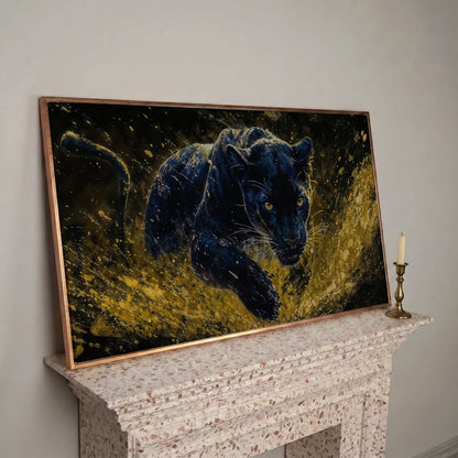 Black Panther in Golden Motion Canvas Print in rose gold floating frame