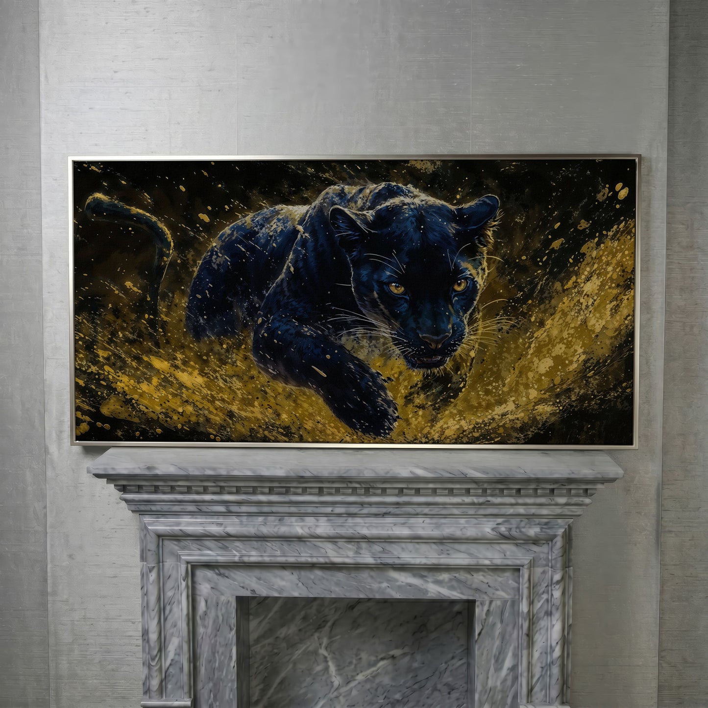 Black Panther in Golden Motion Canvas Print in silver floating frame