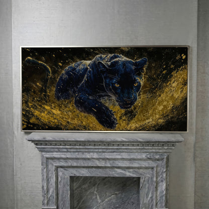 Black Panther in Golden Motion Canvas Print in silver floating frame