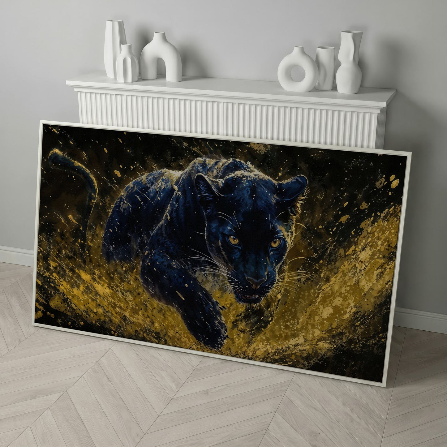 Black Panther in Golden Motion Canvas Print in white floating frame