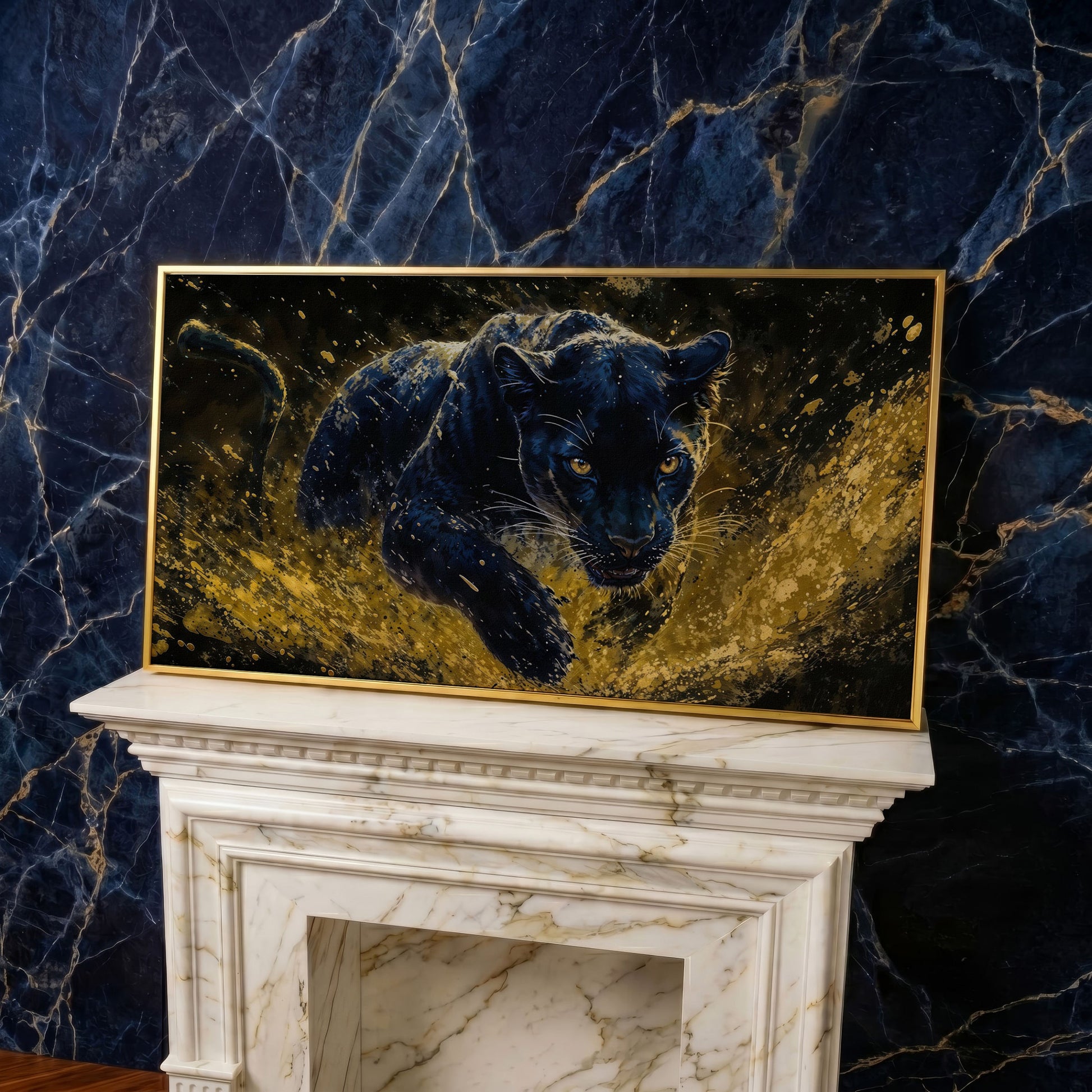 Black Panther in Golden Motion Canvas Print in yellow gold floating frame