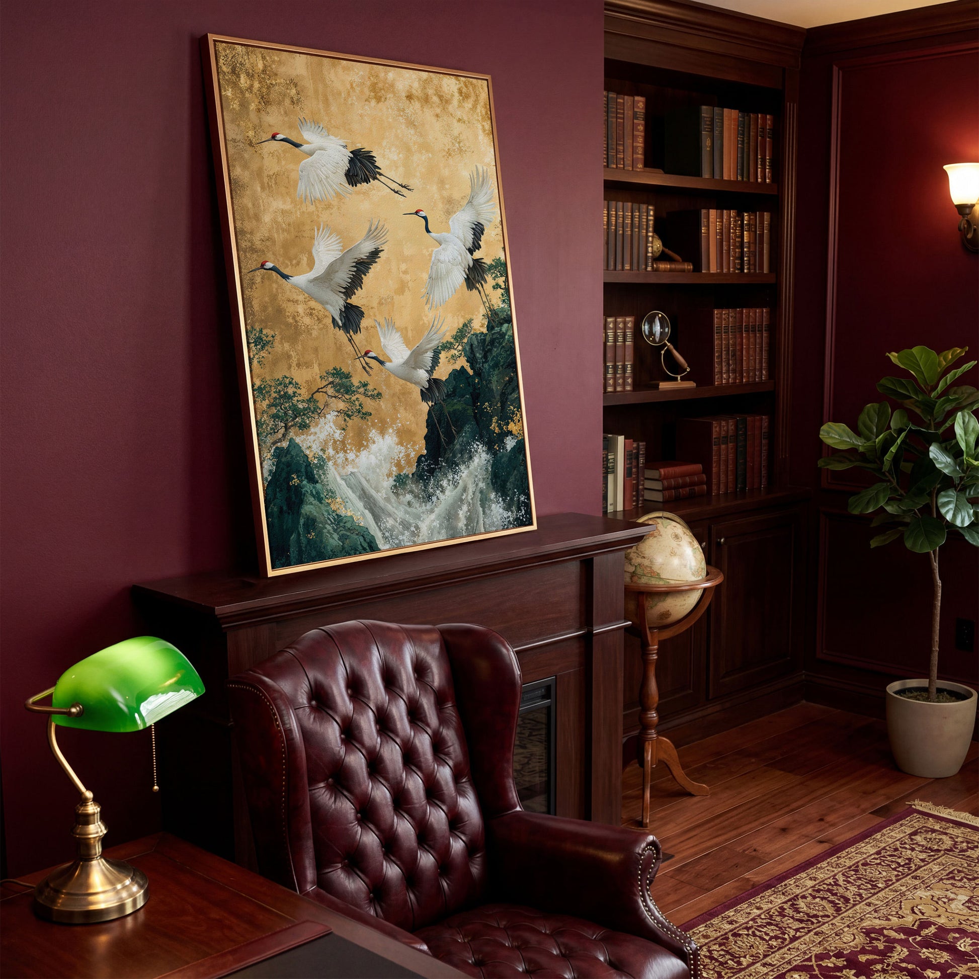 Flying Cranes Canvas Print in Asian Style, 47x71 inches in antique gold floating frame