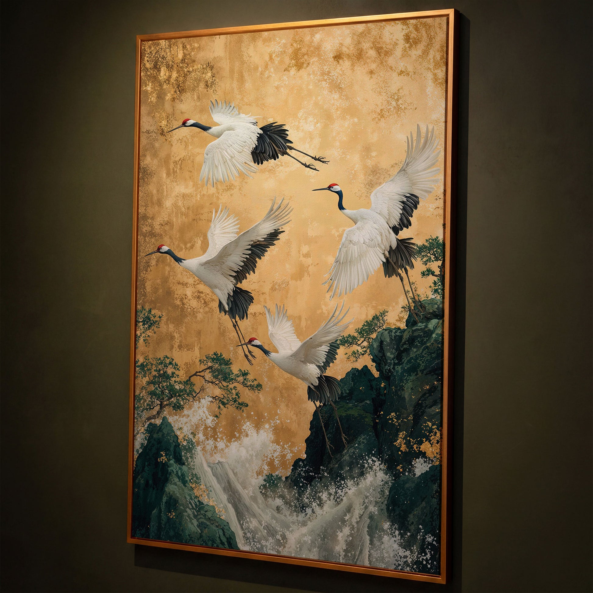 Flying Cranes Canvas Print in Asian Style, 47x71 inches shown in antique gold floating frame