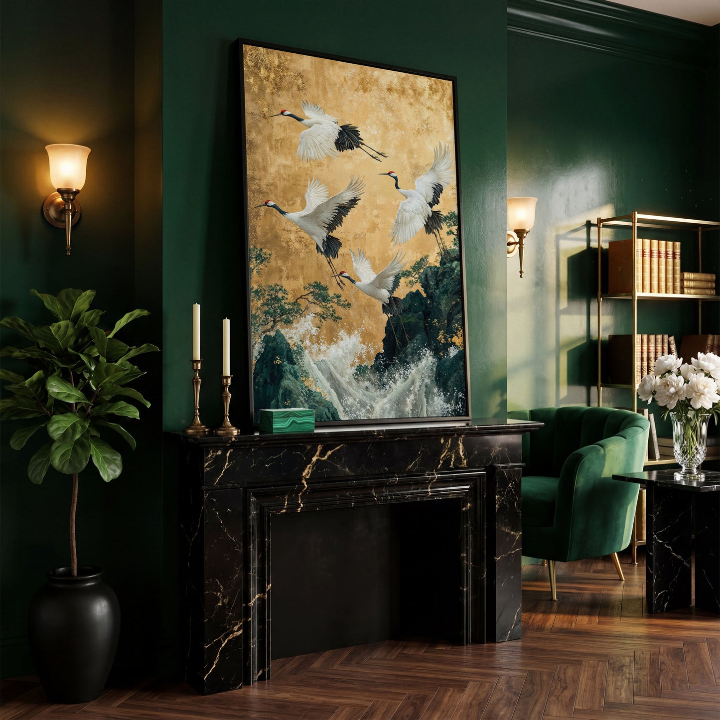 Flying Cranes Canvas Print in Asian Style, 47x71 inches in black floating frame