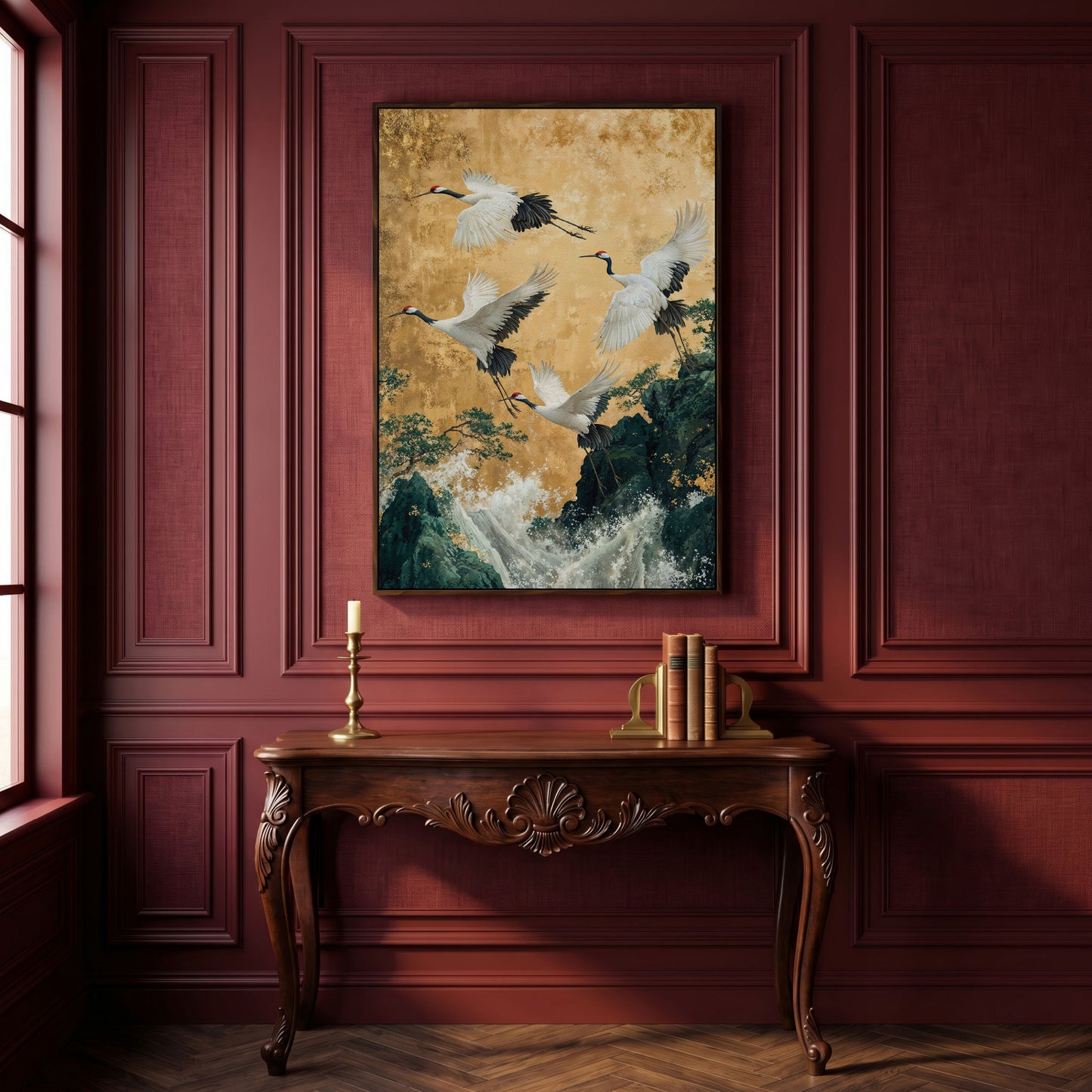 Flying Cranes Canvas Print in Asian Style, 47x71 inches in dark walnut floating frame