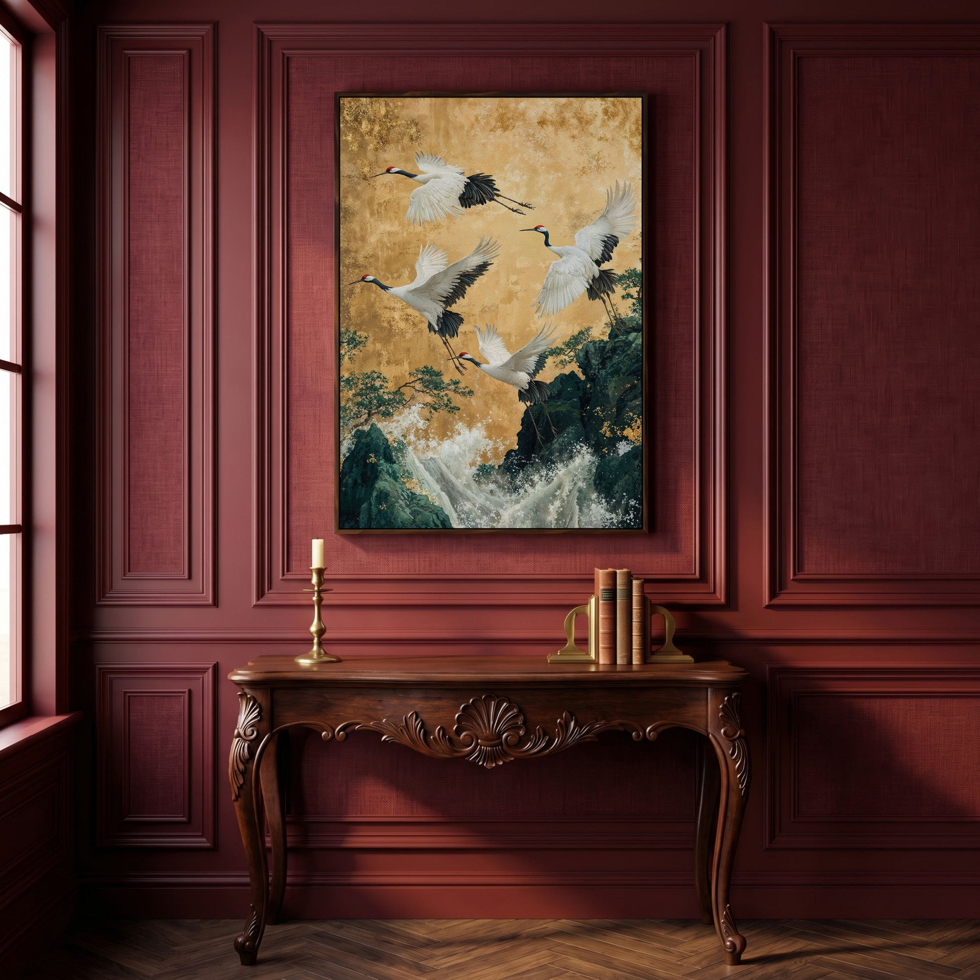 Flying Cranes Canvas Print in Asian Style, 47x71 inches in dark walnut floating frame