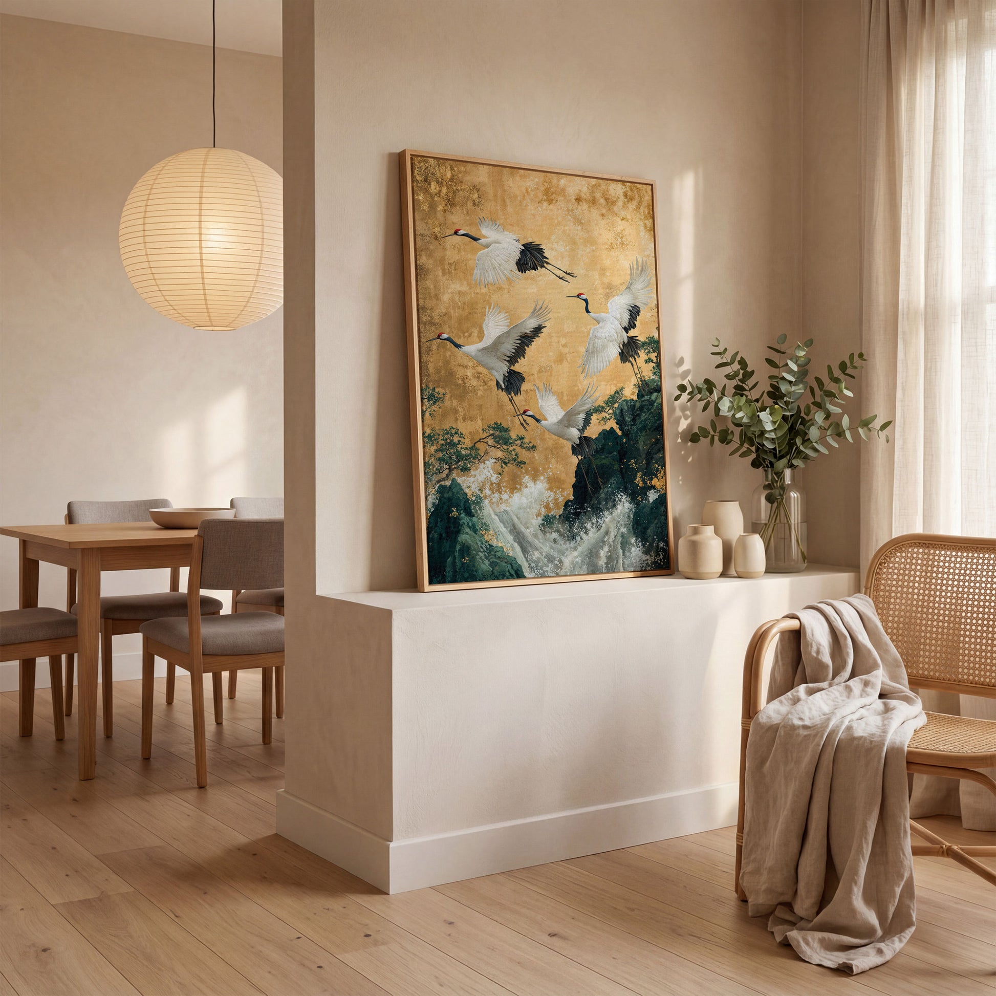 Flying Cranes Canvas Print in Asian Style, 47x71 inches in white oak floating frame