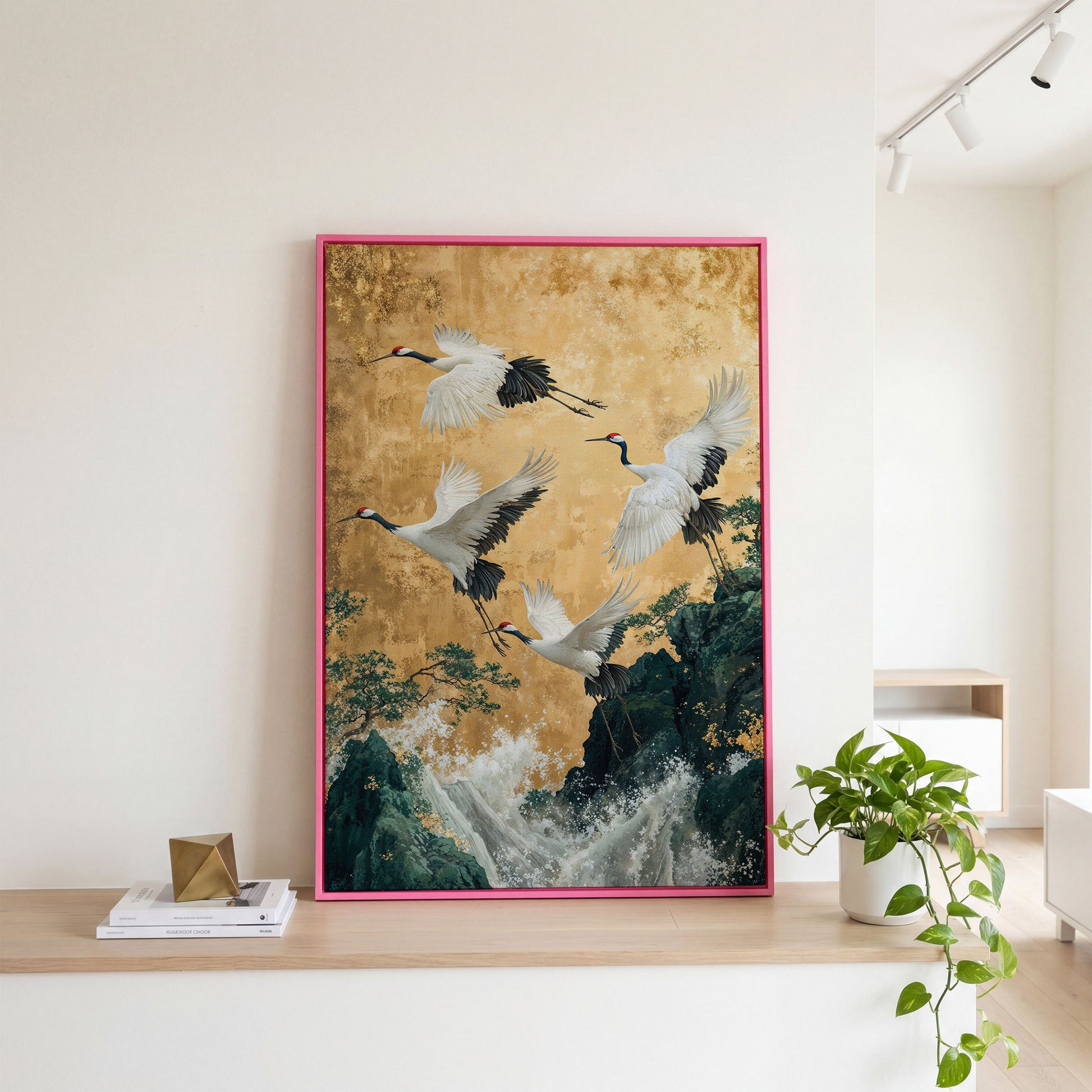 Flying Cranes Canvas Print in Asian Style, 47x71 inches in pink floating frame