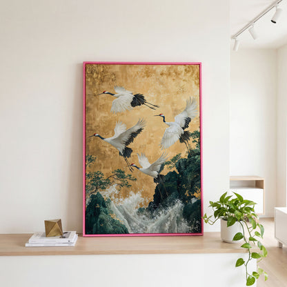 Flying Cranes Canvas Print in Asian Style, 47x71 inches in pink floating frame