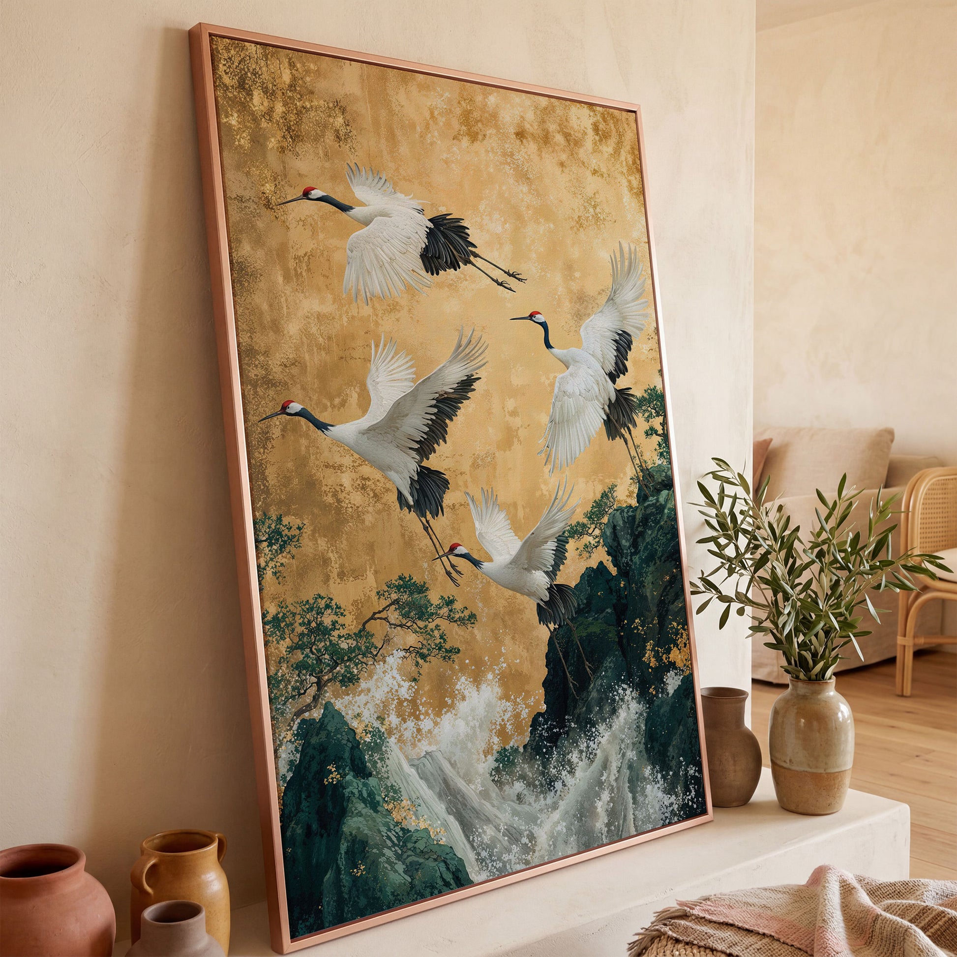 Flying Cranes Canvas Print in Asian Style, 47x71 inches in rose gold floating frame