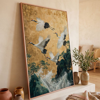 Flying Cranes Canvas Print in Asian Style, 47x71 inches in rose gold floating frame