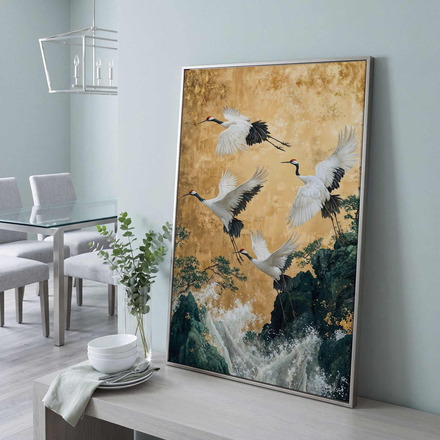 Flying Cranes Canvas Print in Asian Style, 47x71 inches in silver floating frame