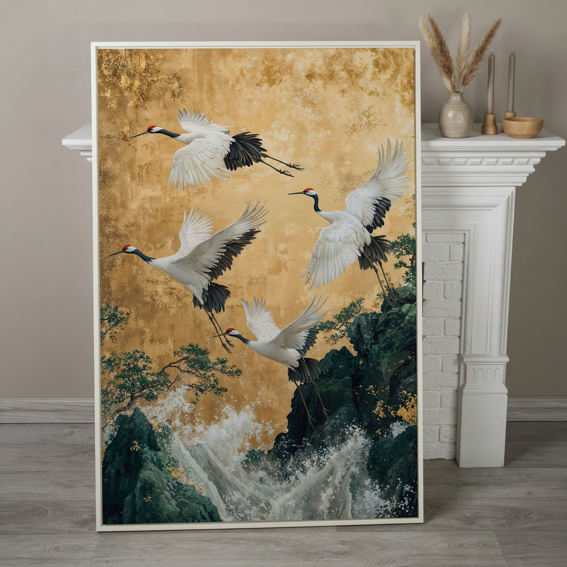 Flying Cranes Canvas Print in Asian Style, 47x71 inches in white floating frame
