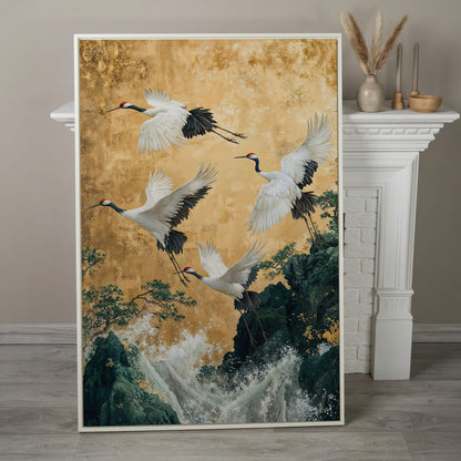 Flying Cranes Canvas Print in Asian Style, 47x71 inches in white floating frame