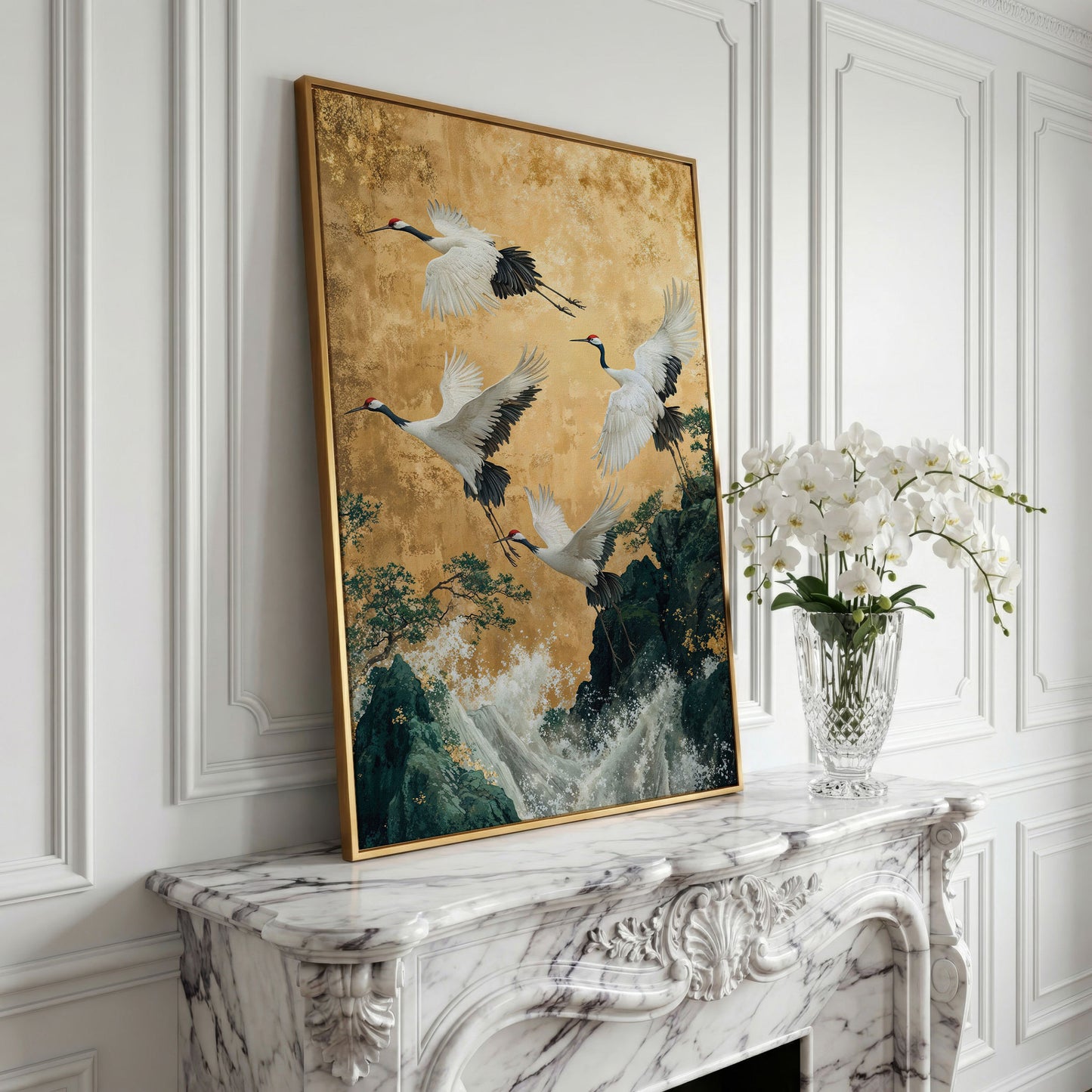 Flying Cranes Canvas Print in Asian Style, 47x71 inches in yellow gold floating frame