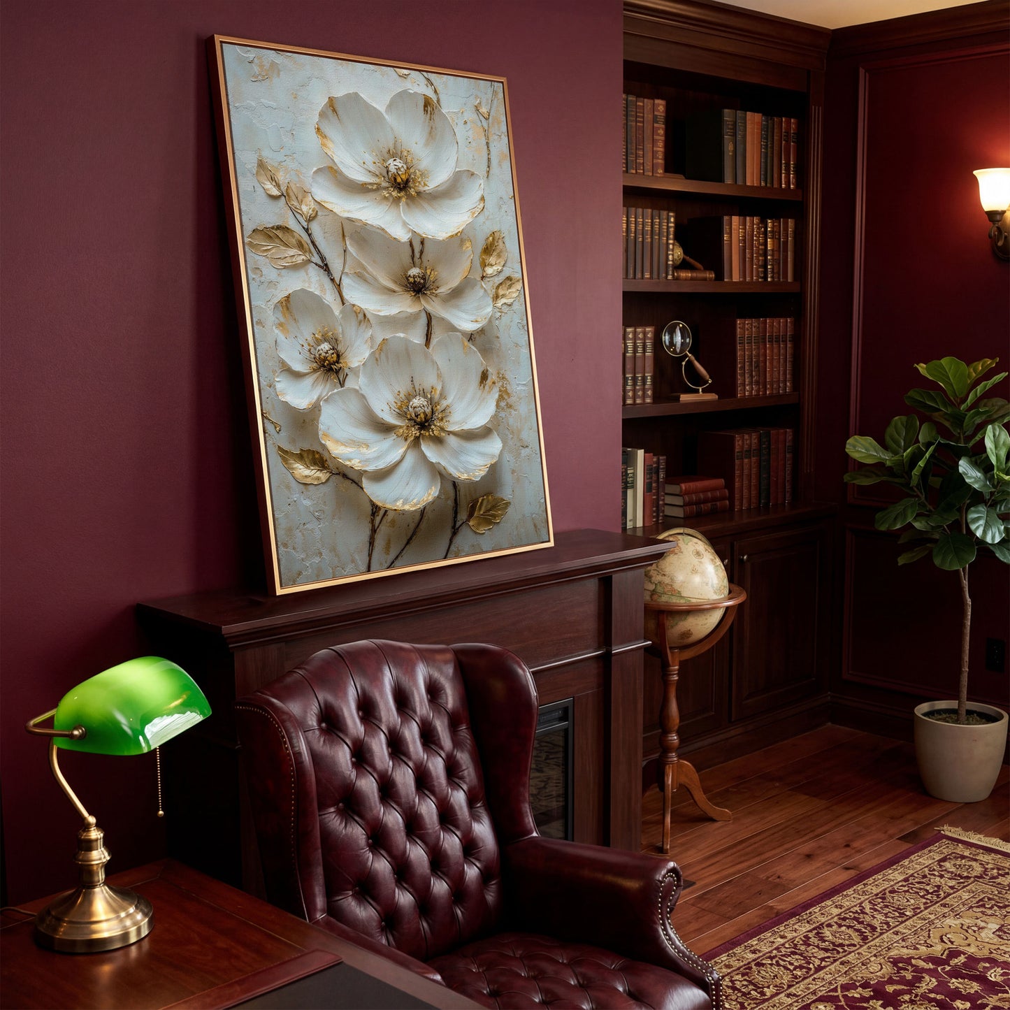 White Floral Canvas with Gold Accents in antique gold floating frame