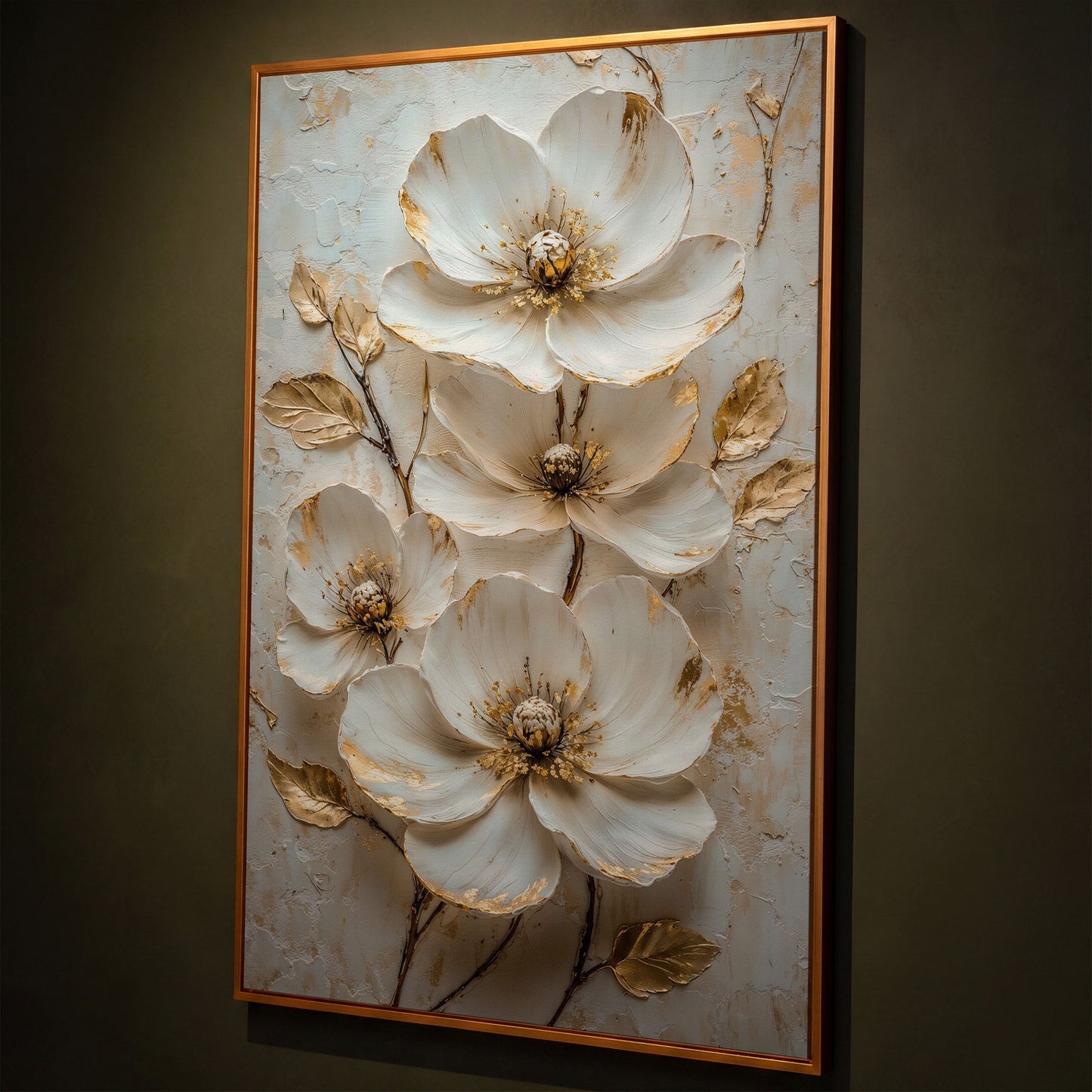 White Floral Canvas with Gold Accents shown in antique gold floating frame
