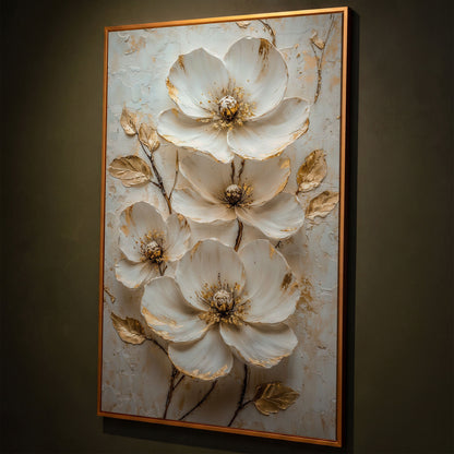 White Floral Canvas with Gold Accents shown in antique gold floating frame