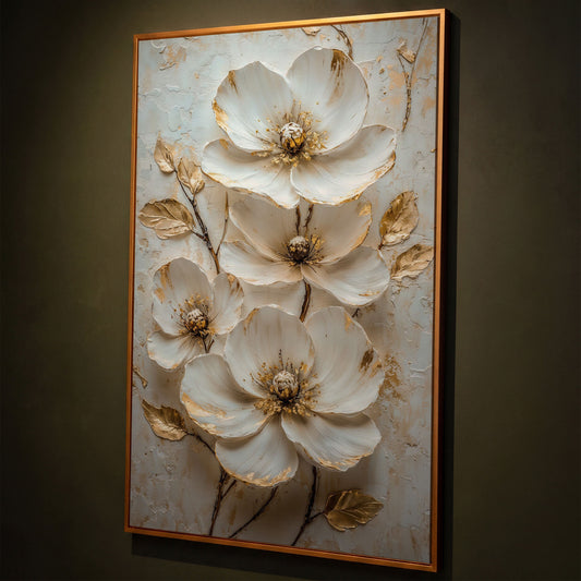White Floral Canvas with Gold Accents shown in antique gold floating frame