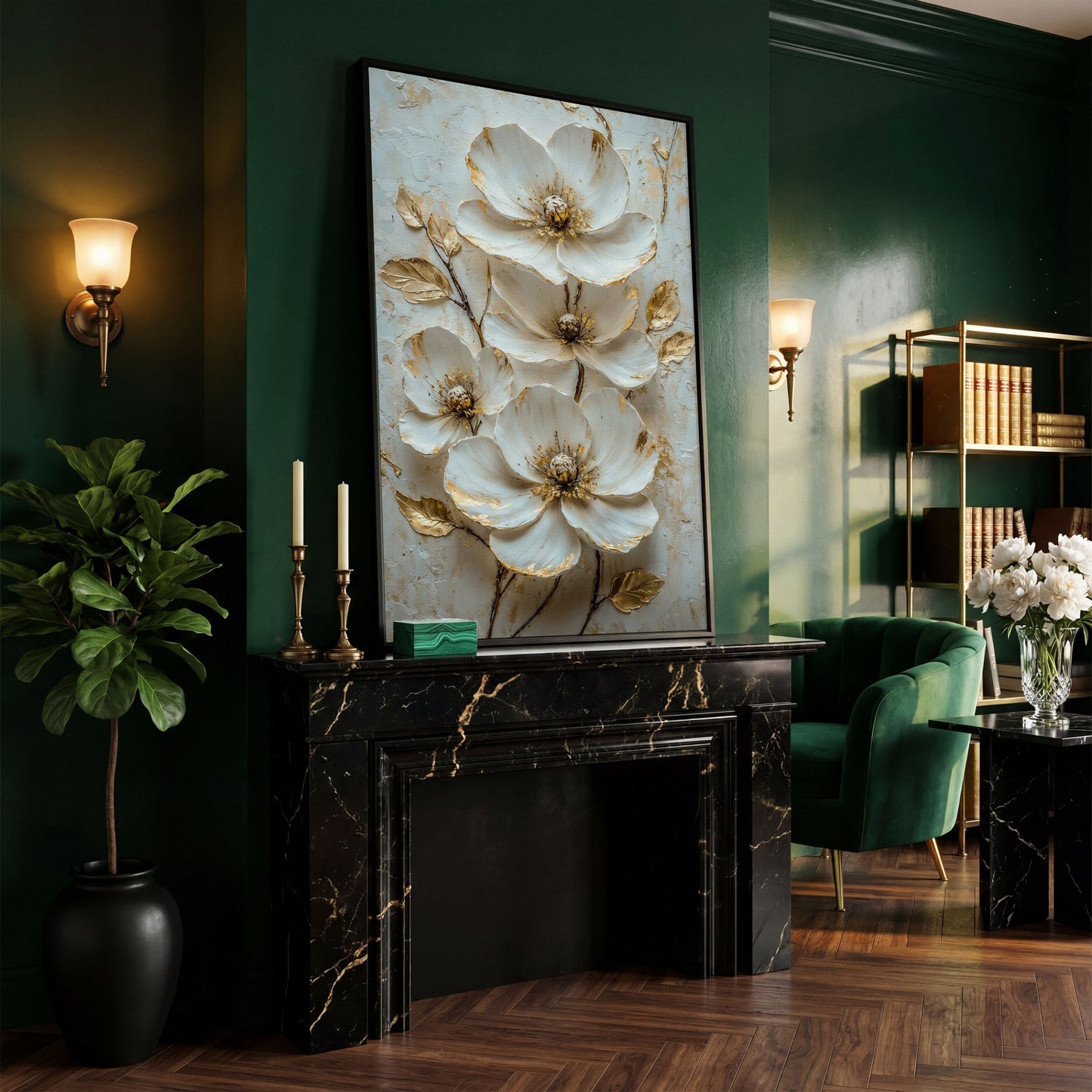 White Floral Canvas with Gold Accents in black floating frame