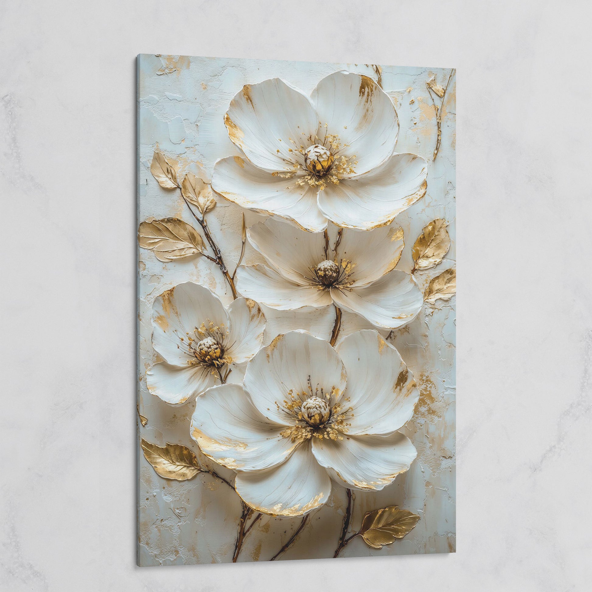 White Floral Canvas with Gold Accents on gallery wrap