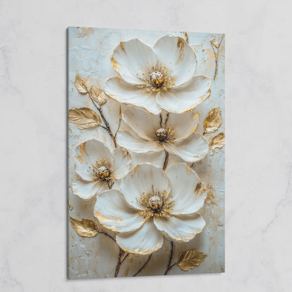 White Floral Canvas with Gold Accents on gallery wrap