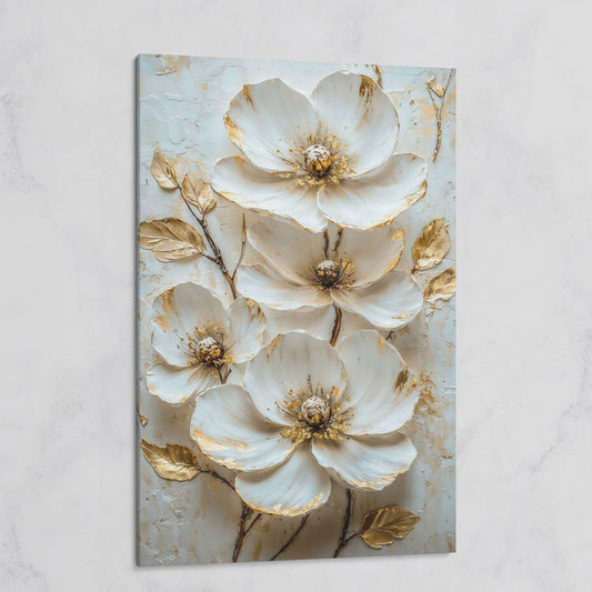 White Floral Canvas with Gold Accents on gallery wrap