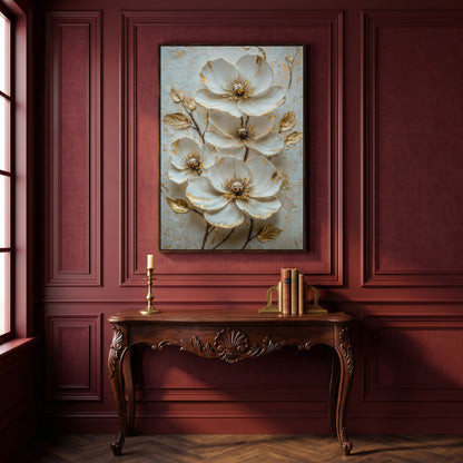White Floral Canvas with Gold Accents in dark walnut floating frame