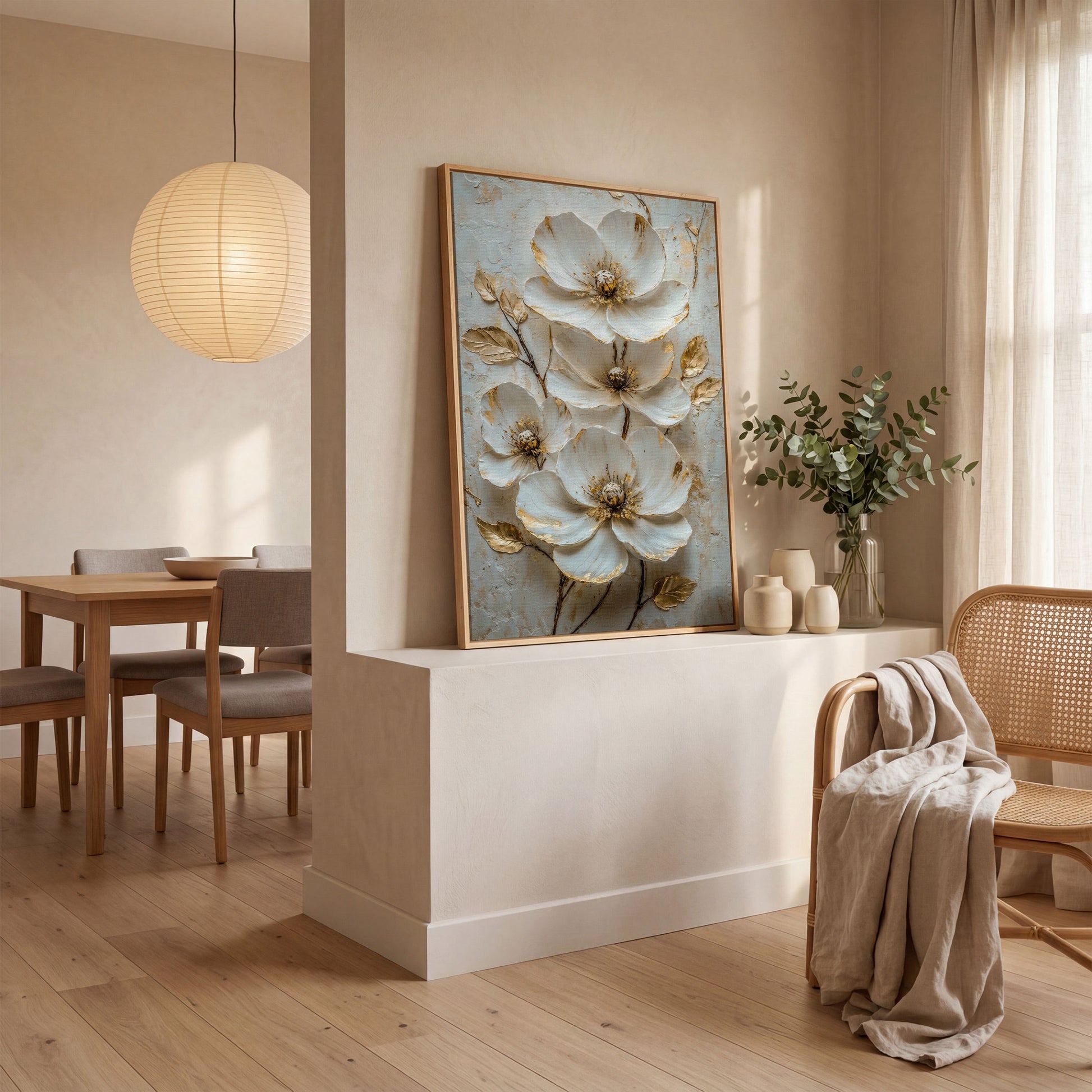 White Floral Canvas with Gold Accents in white oak floating frame
