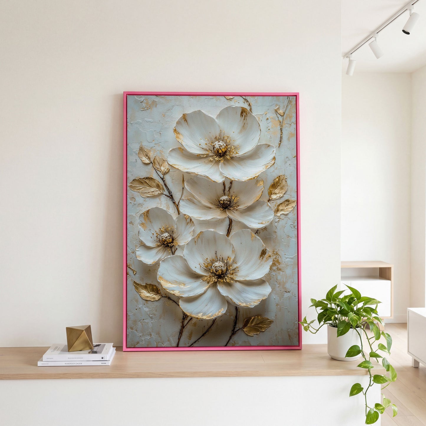White Floral Canvas with Gold Accents in pink floating frame