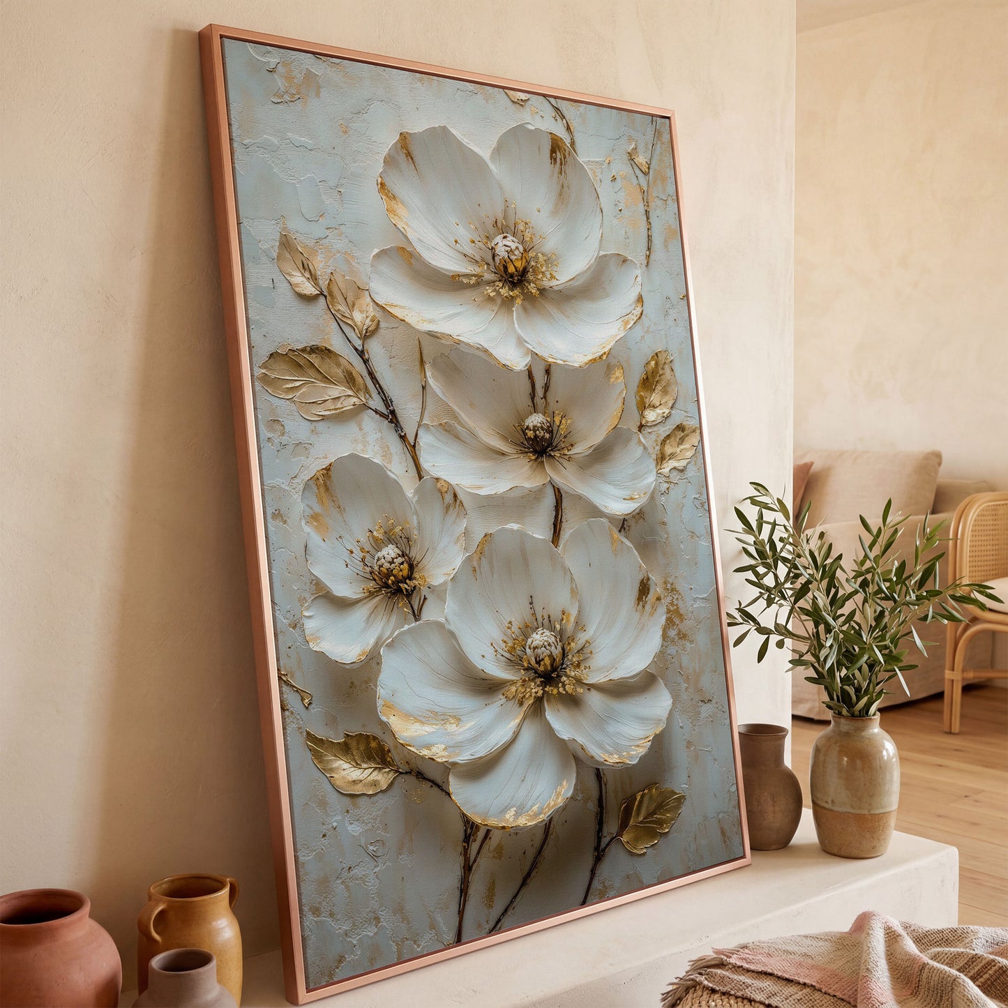 White Floral Canvas with Gold Accents in rose gold floating frame