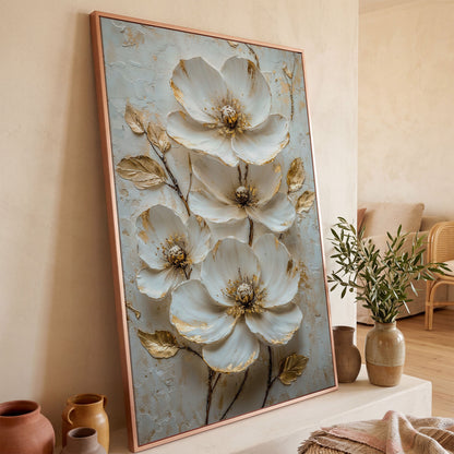 White Floral Canvas with Gold Accents in rose gold floating frame