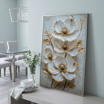 White Floral Canvas with Gold Accents in silver floating frame