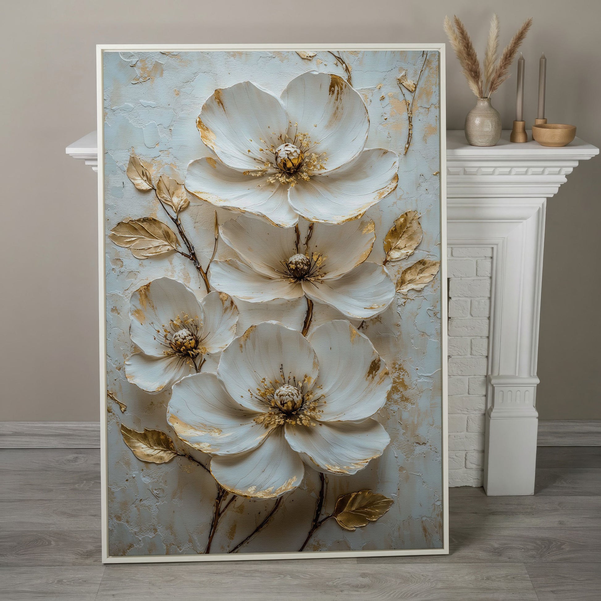 White Floral Canvas with Gold Accents in white floating frame