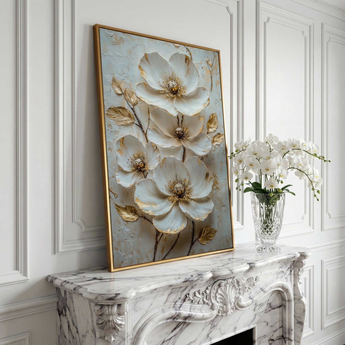 White Floral Canvas with Gold Accents in yellow gold floating frame