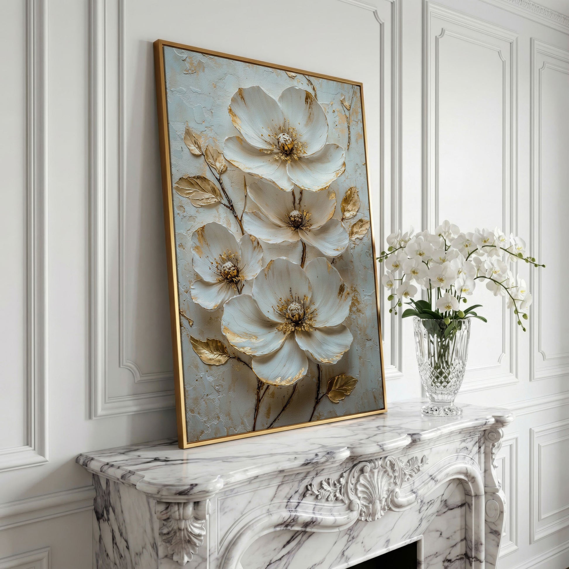 White Floral Canvas with Gold Accents in yellow gold floating frame