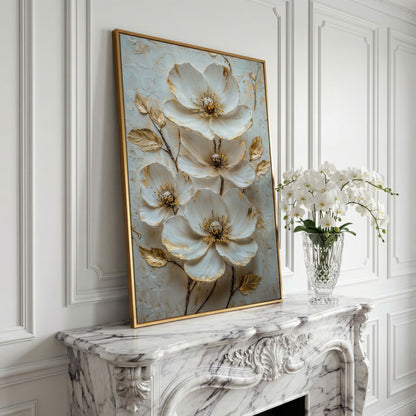 White Floral Canvas with Gold Accents in yellow gold floating frame