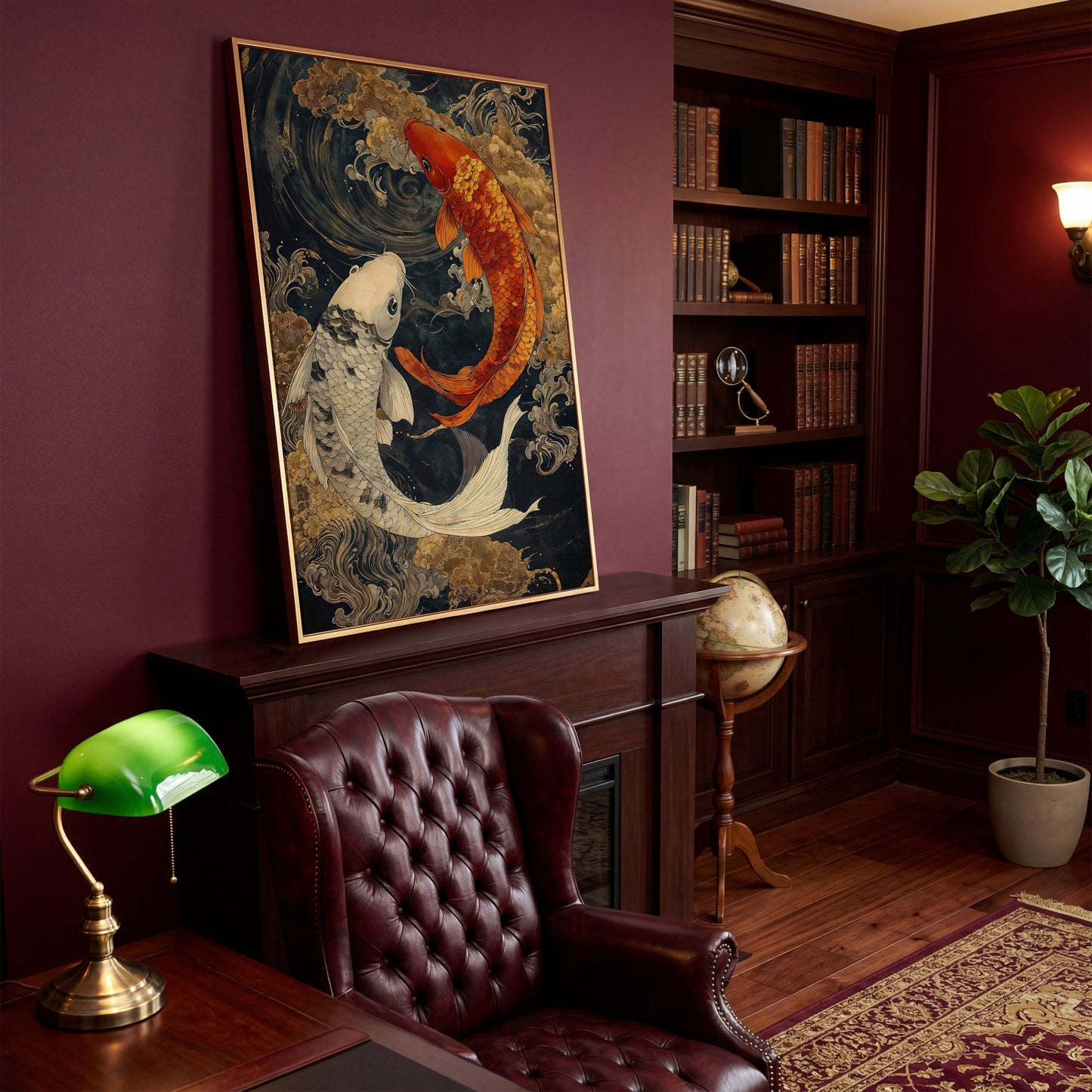 Mystical Koi Fishes Canvas in Japanese Style in antique gold floating frame