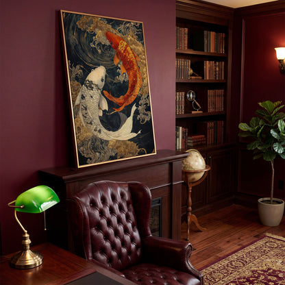 Mystical Koi Fishes Canvas in Japanese Style in antique gold floating frame