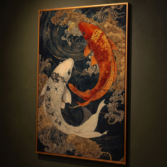 Mystical Koi Fishes Canvas in Japanese Style shown in antique gold floating frame