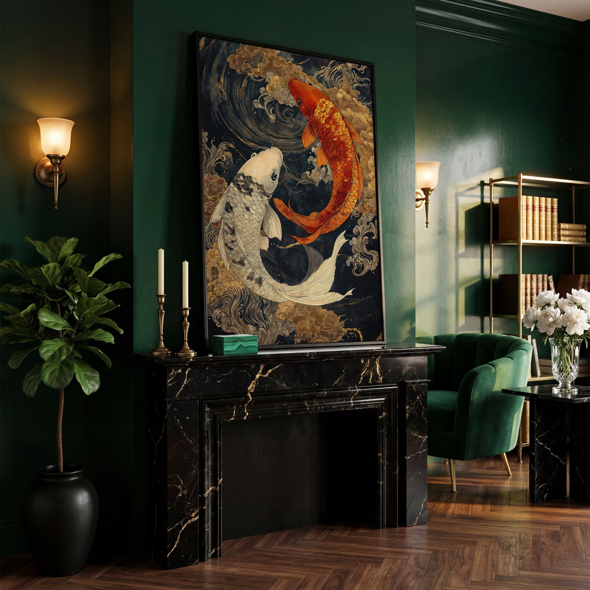 Mystical Koi Fishes Canvas in Japanese Style in black floating frame