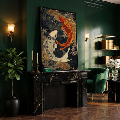 Mystical Koi Fishes Canvas in Japanese Style in black floating frame