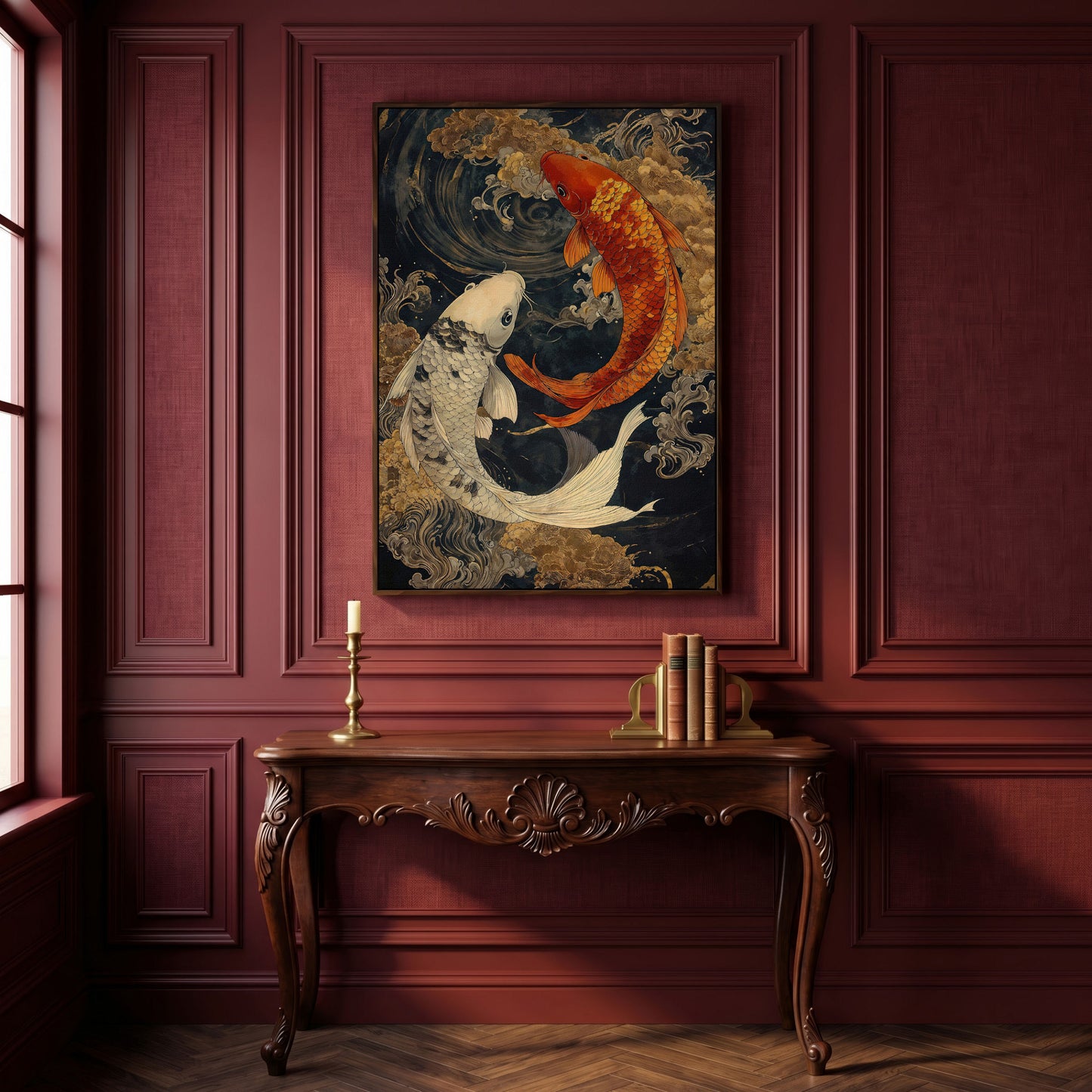 Mystical Koi Fishes Canvas in Japanese Style in dark walnut floating frame
