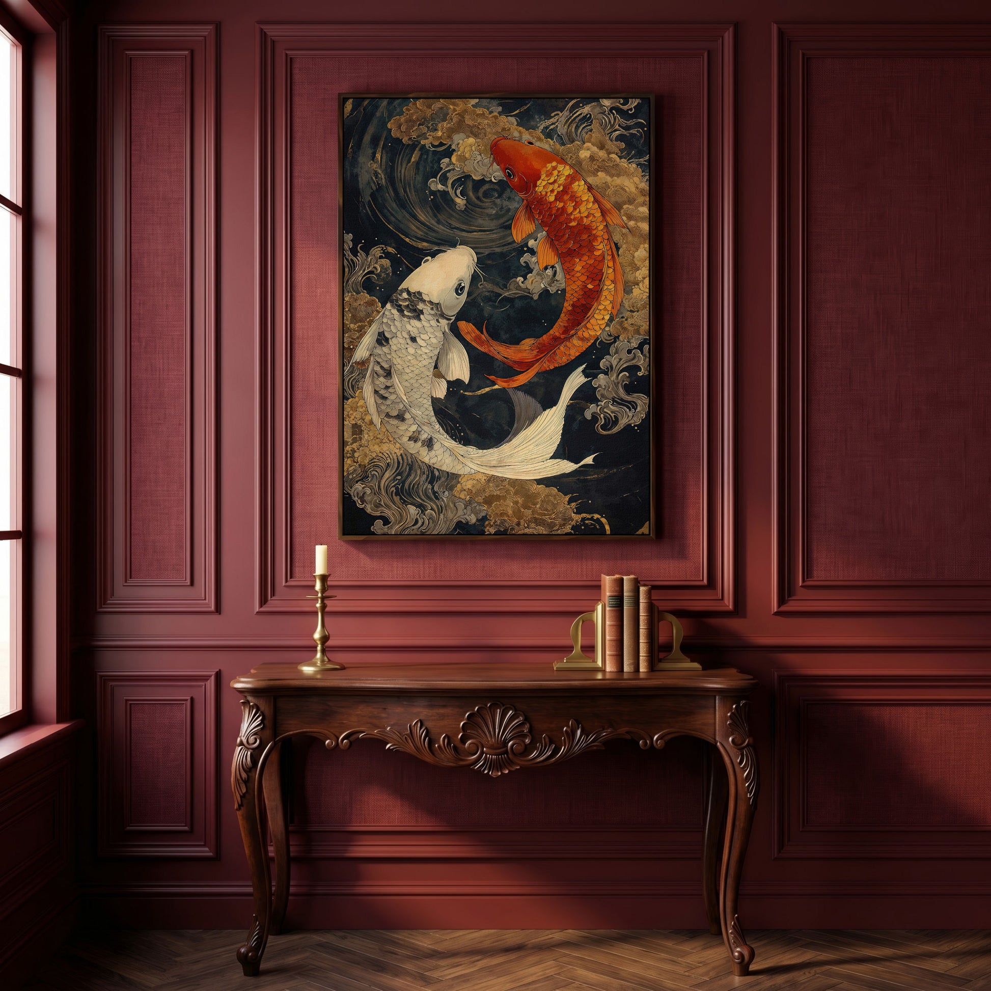 Mystical Koi Fishes Canvas in Japanese Style in dark walnut floating frame