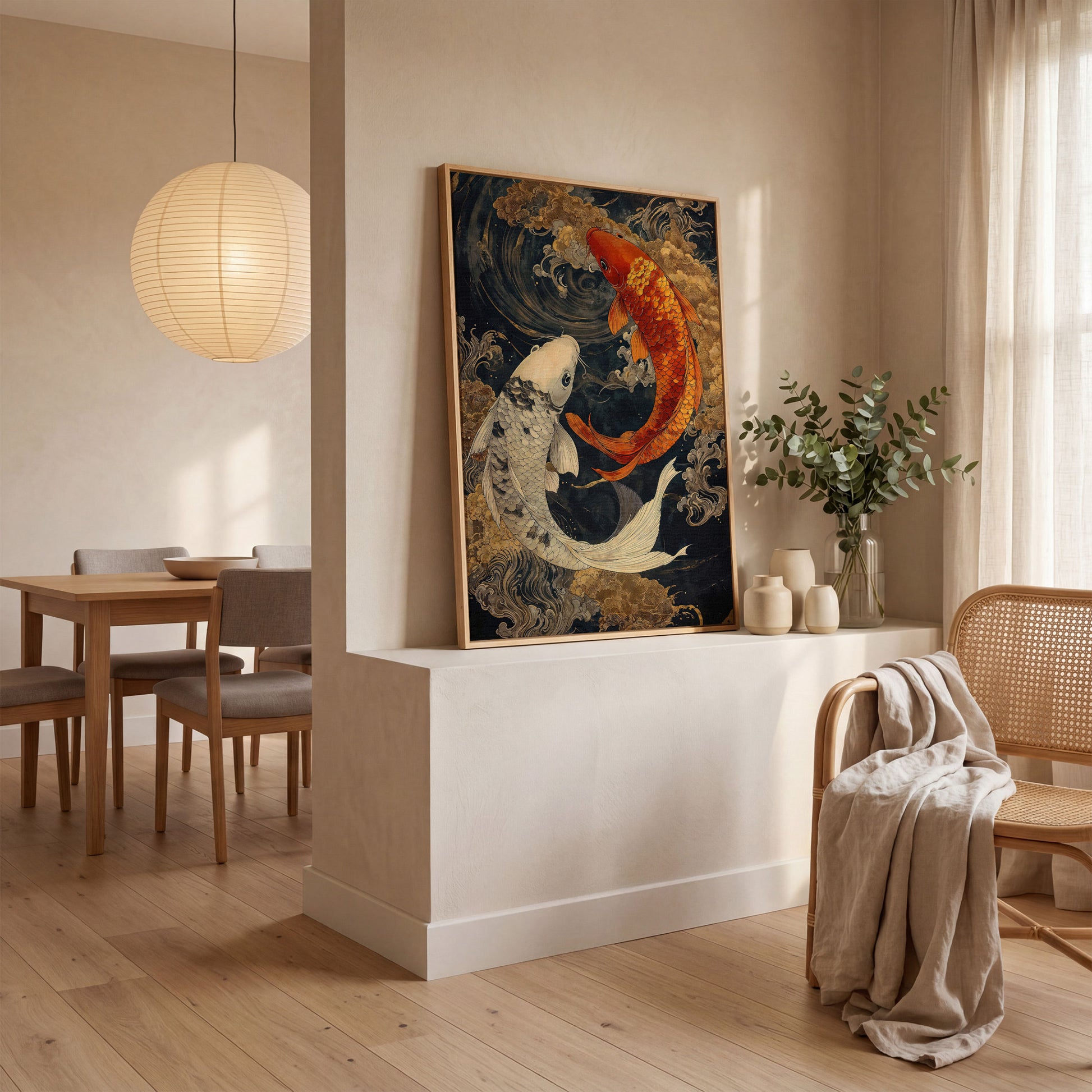 Mystical Koi Fishes Canvas in Japanese Style in white oak floating frame