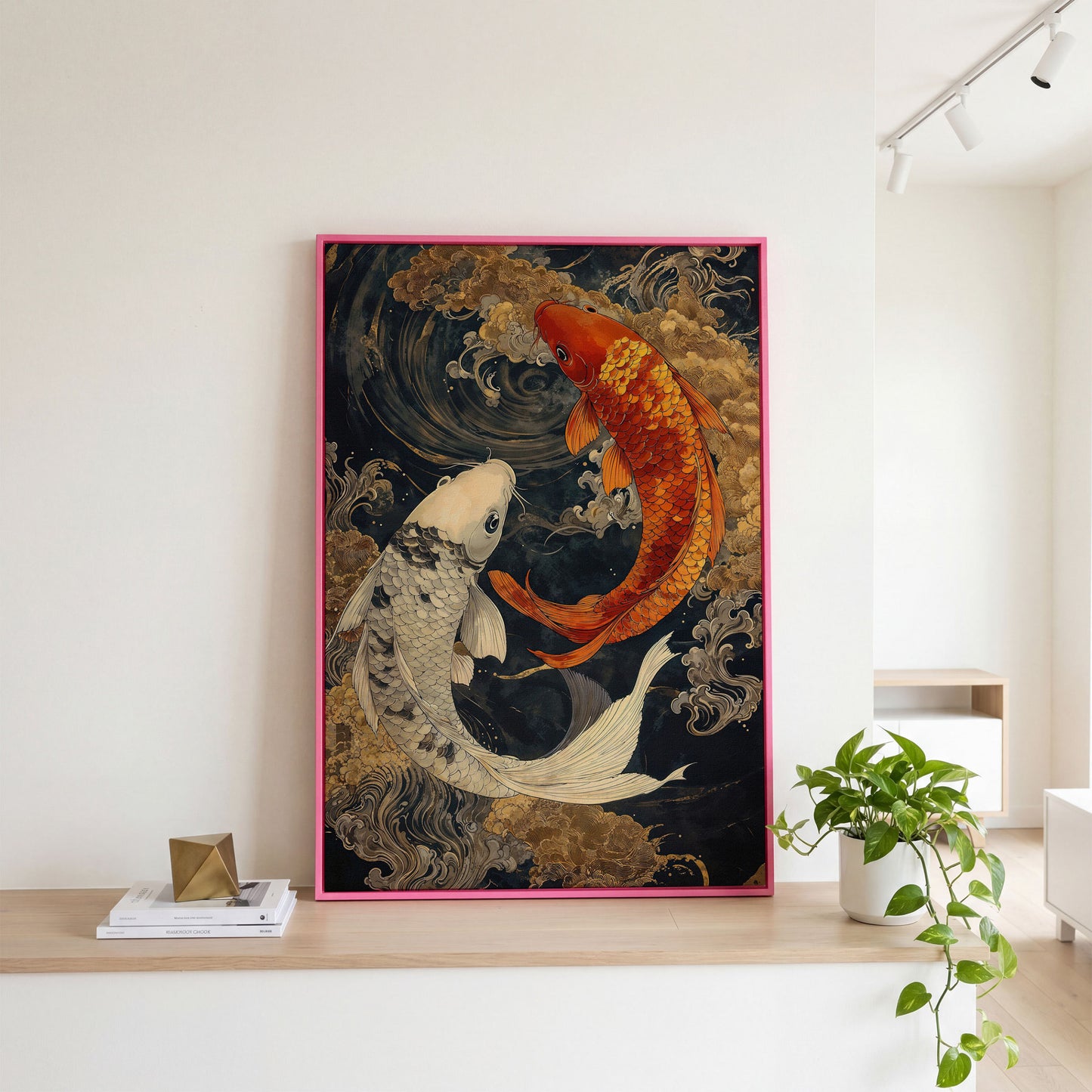 Mystical Koi Fishes Canvas in Japanese Style in pink floating frame