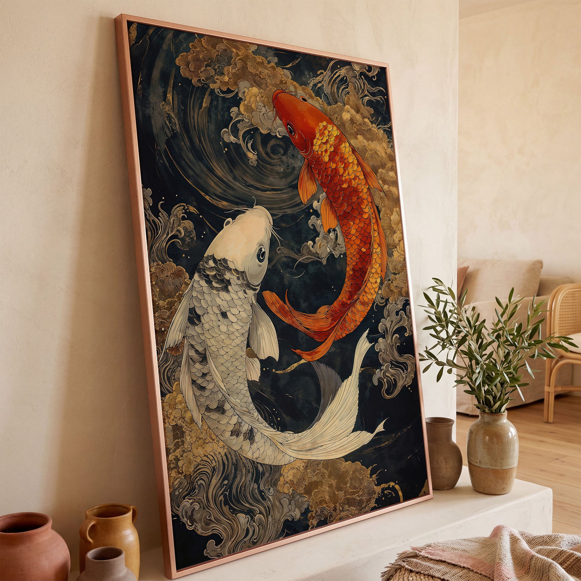 Mystical Koi Fishes Canvas in Japanese Style in rose gold floating frame